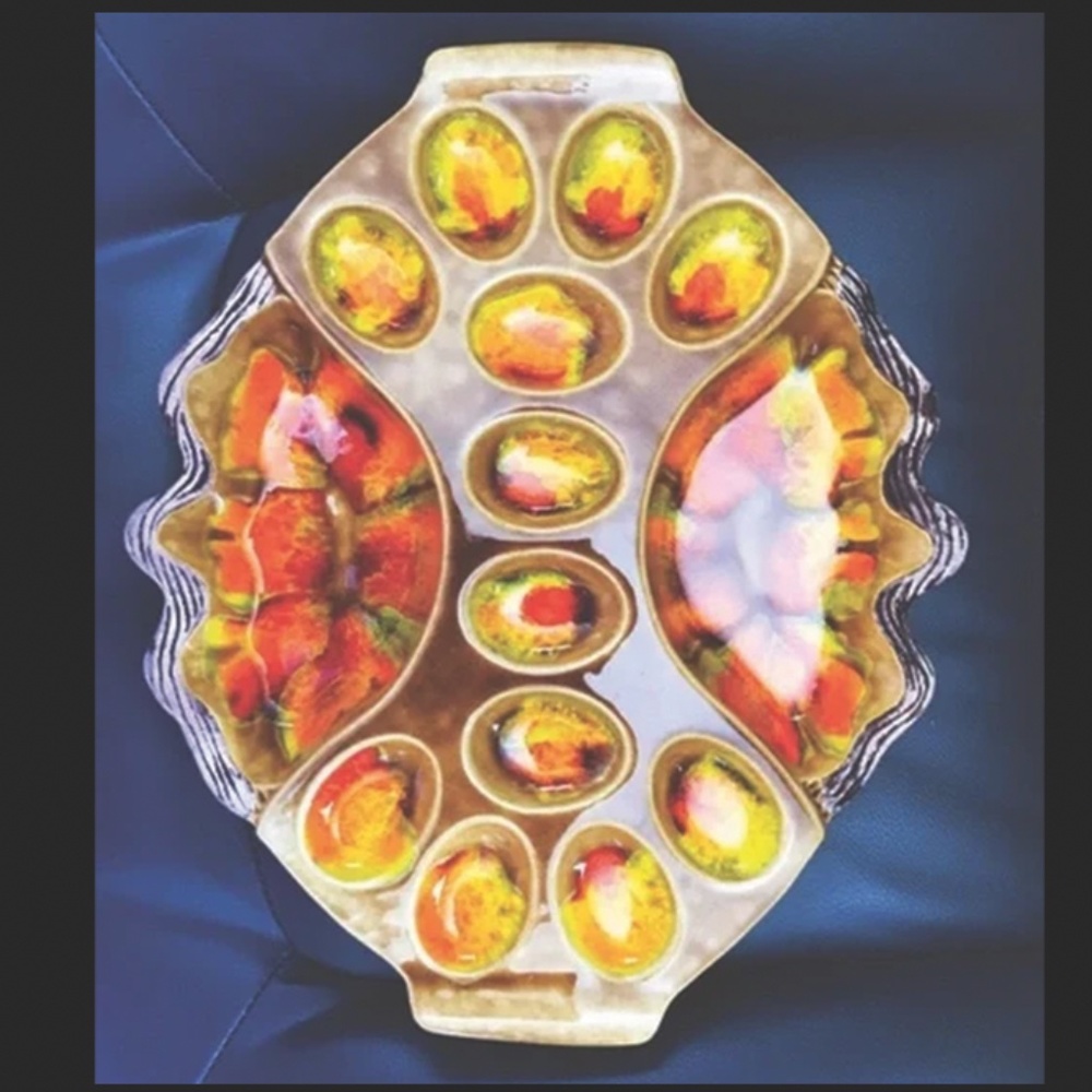 Vintage Sequoia Ware Orange & Yellow Lava Glazed Devil Egg tray #749